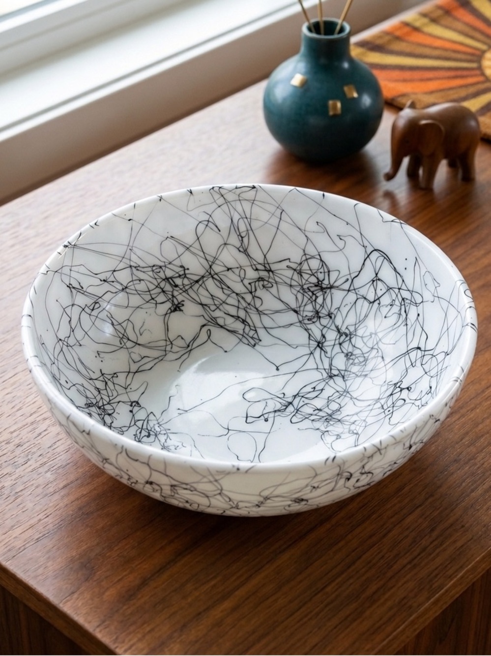Hazel Atlas Black Drizzle Milk Glass Serving Bowl | Vintage Spaghetti String